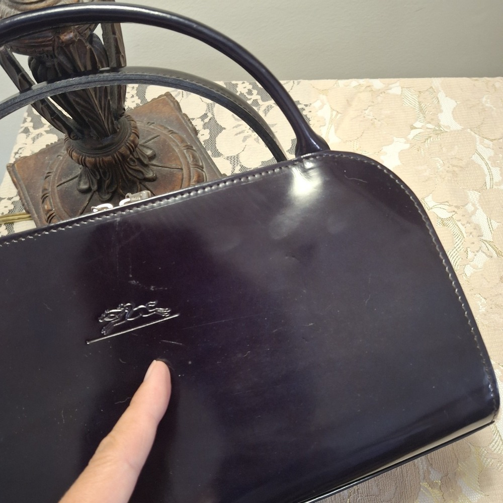 Y2K Vtg Longchamp Eggplant Patent Leather Suede Double Handle Bag Classic Luxury - Picture 4 of 11